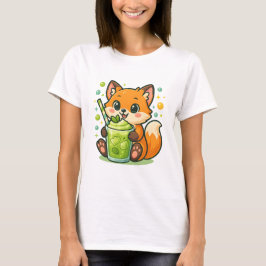 Kawaii Fox met Matcha Latte – Schattigee groene th T-shirt