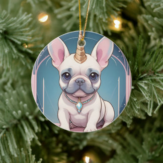 Kawaii Franse Bulldog Eenhoorn Pastelroze Keramisch Ornament