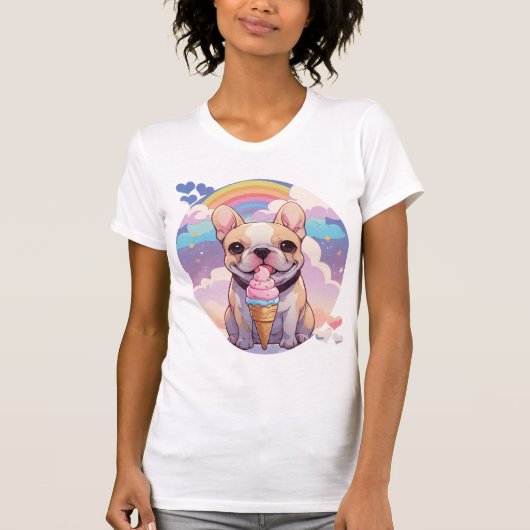 Kawaii Franse Bulldog IJs Regenboog T-shirt (Voorkant)