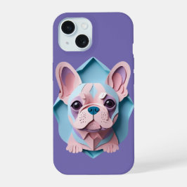 Kawaii Franse Bulldog Pastel Papier Snijkunst iPhone 15 Case