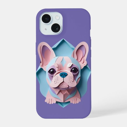 Kawaii Franse Bulldog Pastel Papier Snijkunst iPhone 15 Case (Achterkant)
