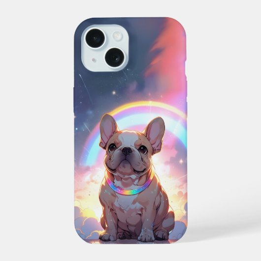 Kawaii Franse Bulldog Regenboog Lucht Wolken iPhone 15 Case (Achterkant)
