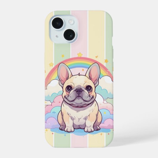 Kawaii Franse Bulldog regenboogwolken iPhone 15 Case (Achterkant)