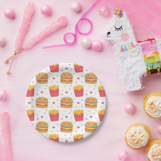 Kawaii Fries en Burger Pattern Papieren Bordje (Feest)