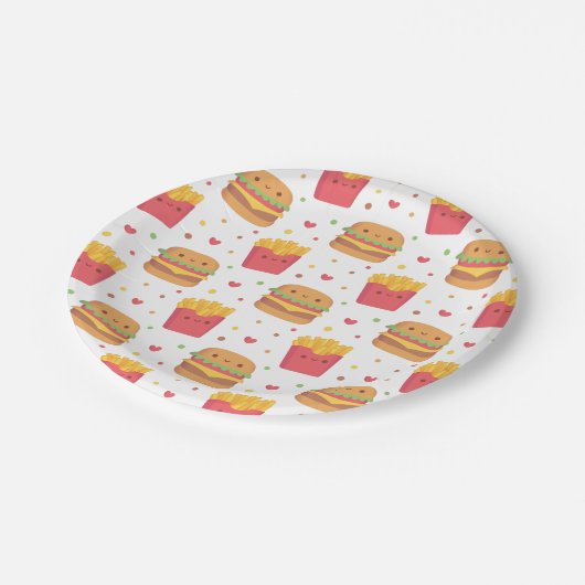 Kawaii Fries en Burger Pattern Papieren Bordje (Gekanteld)