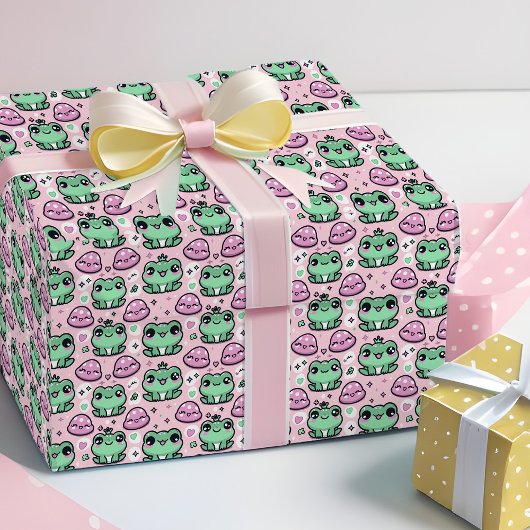 Kawaii Frog Prinses Roze & Groene Baby Meisje Kind Cadeaupapier