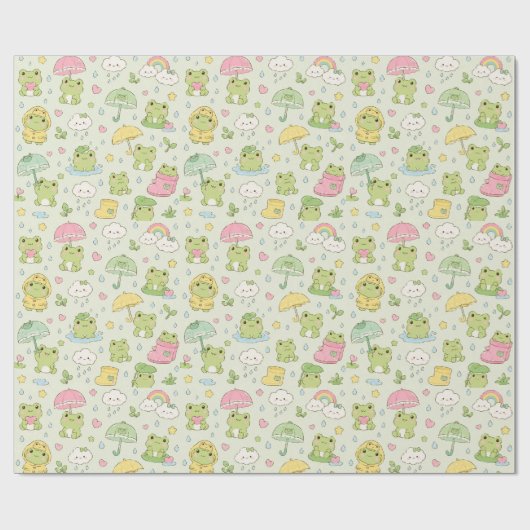 Kawaii Frog Rainy Day Pattern Wrapping Paper Cadeaupapier (Vlak)