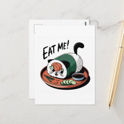 Kawaii Funny Cat Shaped Sushi Roll Briefkaart (Voorkant / Achterkant in situ)