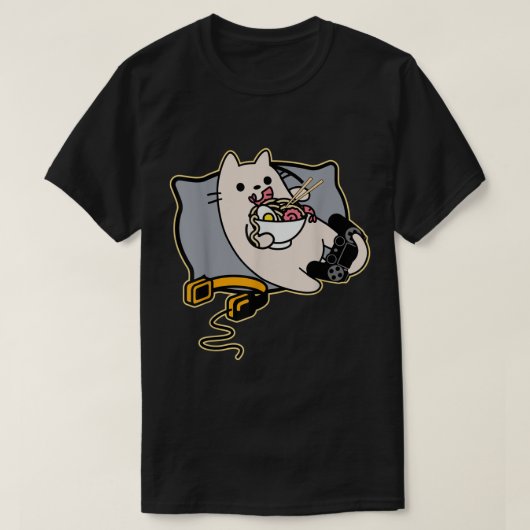 Kawaii Gamer Cat Eating Ramen T-shirt (Design voorkant)