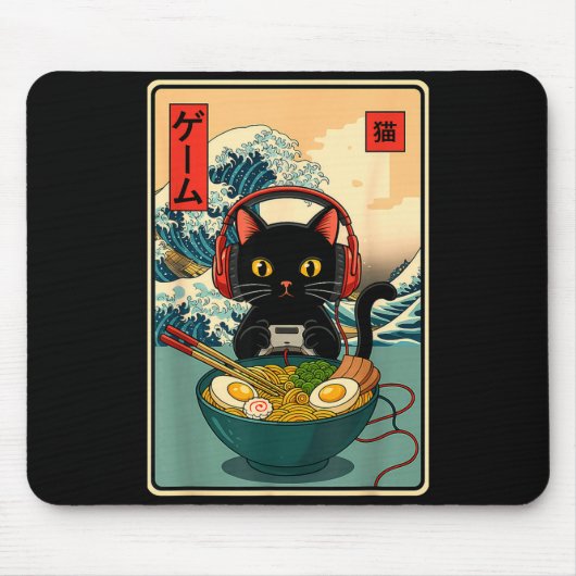 Kawaii Gamer Cat Ramen Retro Japanese Funny Cat Ga Muismat (Voorkant)
