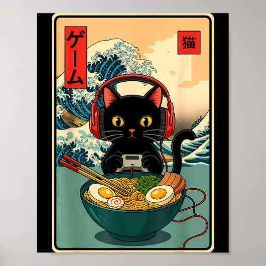 Kawaii Gamer Cat Ramen Retro Japanese Funny Cat Ga Poster (Voorkant)