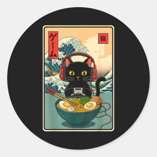 Kawaii Gamer Cat Ramen Retro Japanese Funny Cat Ga Ronde Sticker (Voorkant)