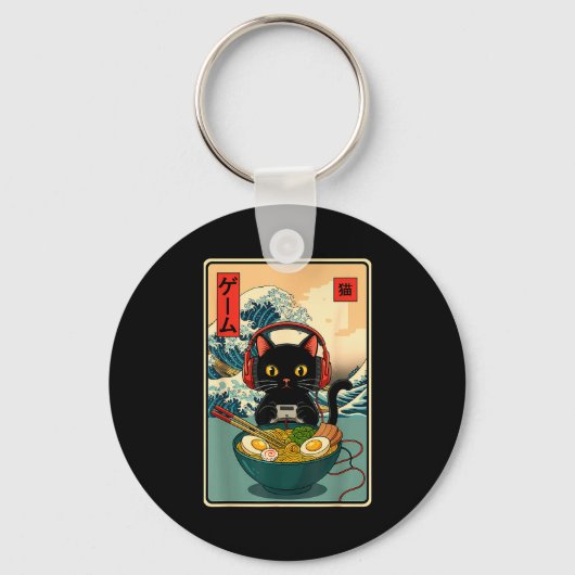 Kawaii Gamer Cat Ramen Retro Japanese Funny Cat Ga Sleutelhanger (Voorkant)