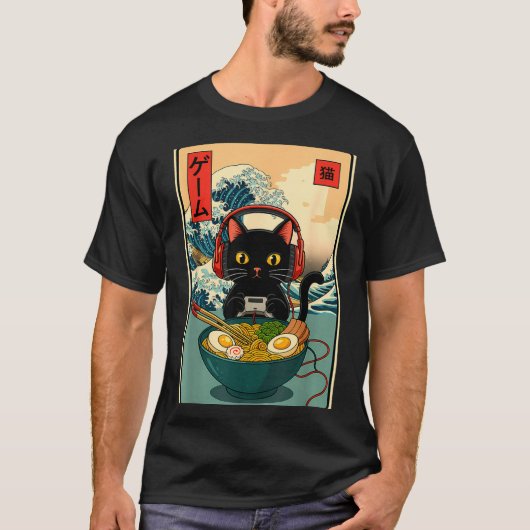 Kawaii Gamer Cat Ramen Retro Japanese Funny Cat Ga T-shirt (Voorkant)