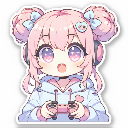 Kawaii Gamer Meisje Sticker - Schattige Pastel Gam (Voorkant)