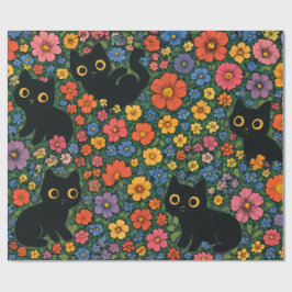 Kawaii Garden Art – Cute Black Cat Floral Pattern Cadeaupapier