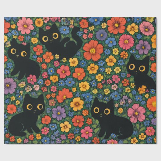 Kawaii Garden Art – Cute Black Cat Floral Pattern Cadeaupapier (Vlak)