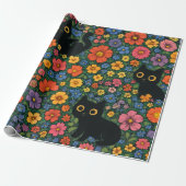 Kawaii Garden Art – Cute Black Cat Floral Pattern Cadeaupapier (Uitgerold)