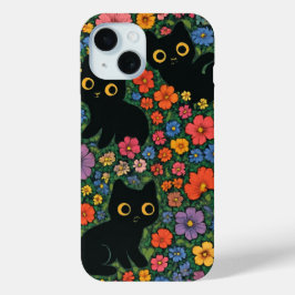 Kawaii Garden Art | Cute Black Cat Floral Pattern iPhone 15 Case