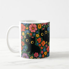 Kawaii Garden Art | Cute Black Cat Floral Pattern Koffiemok