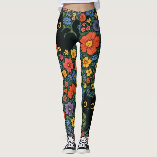 Kawaii Garden Art – Cute Black Cat Floral Pattern Leggings (Voorkant)