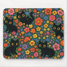 Kawaii Garden Art – Cute Black Cat Floral Pattern Muismat
