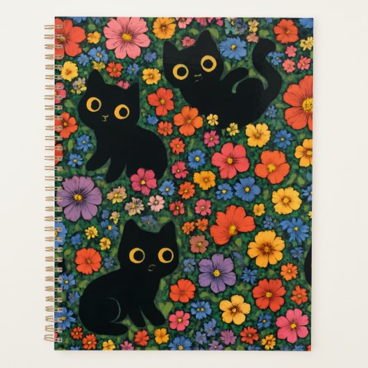 Kawaii Garden Art | Cute Black Cat Floral Pattern Planner (Voorkant)