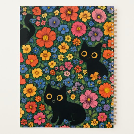Kawaii Garden Art | Cute Black Cat Floral Pattern Planner (Achterkant)