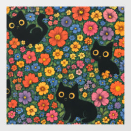 Kawaii Garden Art | Cute Black Cat Floral Pattern Raamsticker