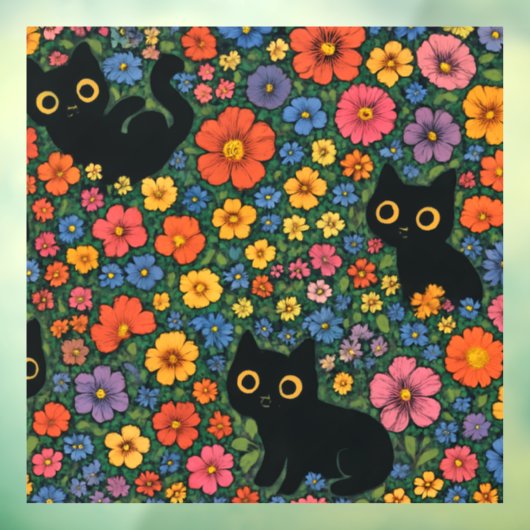 Kawaii Garden Art | Cute Black Cat Floral Pattern Raamsticker (Vel 3)
