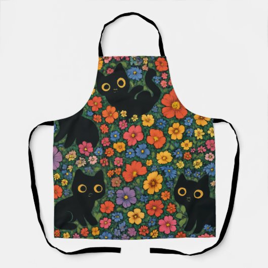 Kawaii Garden Art | Cute Black Cat Floral Pattern Schort (Voorkant)