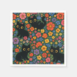 Kawaii Garden Art | Cute Black Cat Floral Pattern Servet