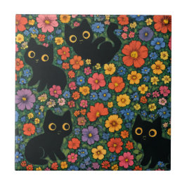 Kawaii Garden Art | Cute Black Cat Floral Pattern Tegeltje