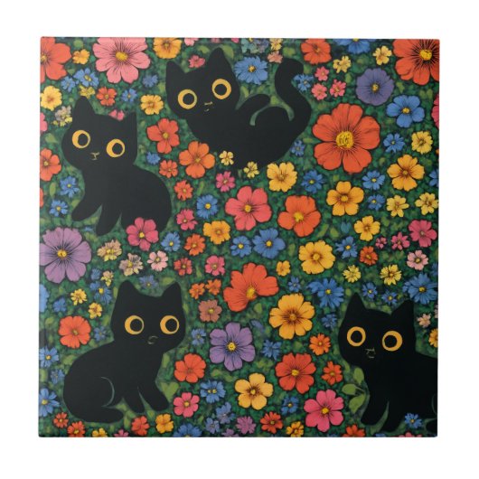 Kawaii Garden Art | Cute Black Cat Floral Pattern Tegeltje (Voorkant)