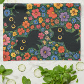 Kawaii Garden Art | Cute Black Cat Floral Pattern Theedoek (Gevouwen)