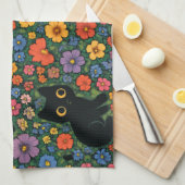 Kawaii Garden Art | Cute Black Cat Floral Pattern Theedoek (Quarter Fold)
