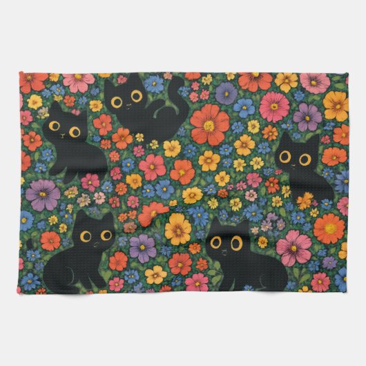 Kawaii Garden Art | Cute Black Cat Floral Pattern Theedoek (Horizontaal)