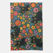 Kawaii Garden Art | Cute Black Cat Floral Pattern Theedoek (Verticaal)