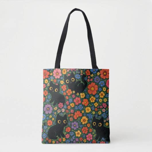 Kawaii Garden Art | Cute Black Cat Floral Pattern Tote Bag (Voorkant)