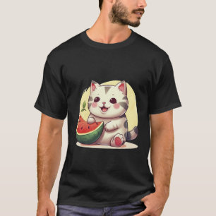 Kawaii Gevlekte Kat met Watermeloen Zomer Kunst ✨� T-shirt
