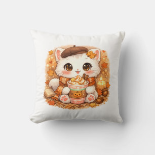Kawaii Gezellige Herfst Latte Kitty – Mooie Herfst Kussen