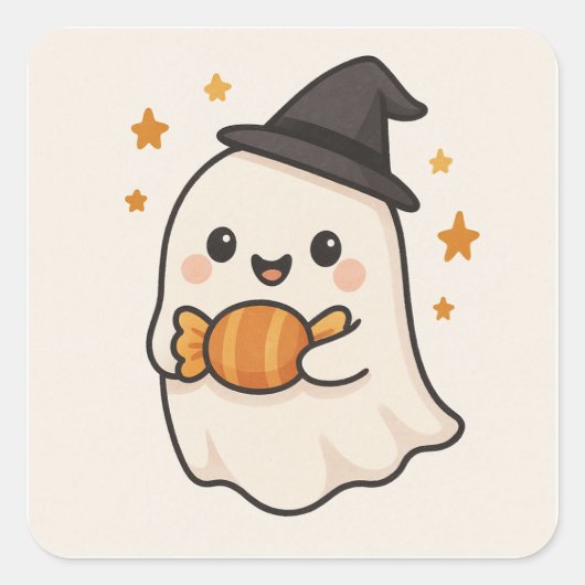 Kawaii Ghost beroemd gemaakt door Halloween Snoep Vierkante Sticker (Voorkant)