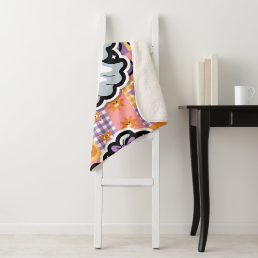 Kawaii Ghost Blanket – Schattigee Patchwork Cartoo Sherpa Deken (In situ)