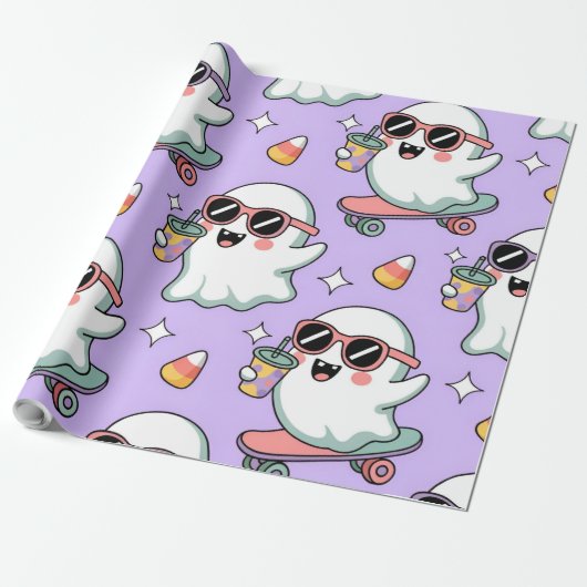 Kawaii Ghost Bubble Tea Pattern – Schattigee paste Cadeaupapier (Uitgerold)