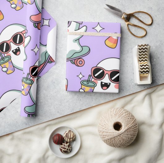 Kawaii Ghost Bubble Tea Pattern – Schattigee paste Cadeaupapier (Crafts)