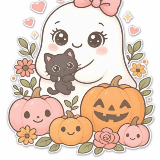Kawaii Ghost Halloween Black Cat Pumpkin Herfst Sp Sticker (Voorkant)