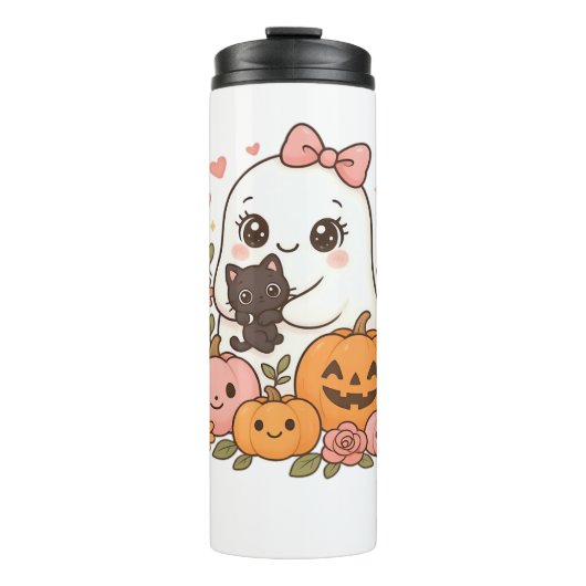 Kawaii Ghost Halloween Black Cat Pumpkin Herfst Sp Thermosbeker (Voorkant)