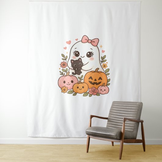 Kawaii Ghost Halloween Black Cat Pumpkin Herfst Sp Wandkleed (In situ)