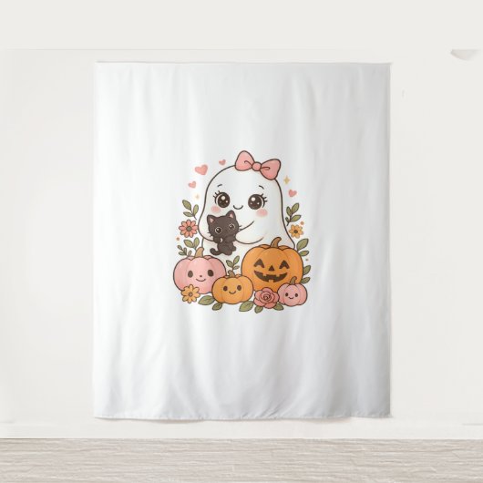 Kawaii Ghost Halloween Black Cat Pumpkin Herfst Sp Wandkleed (Voorkant)