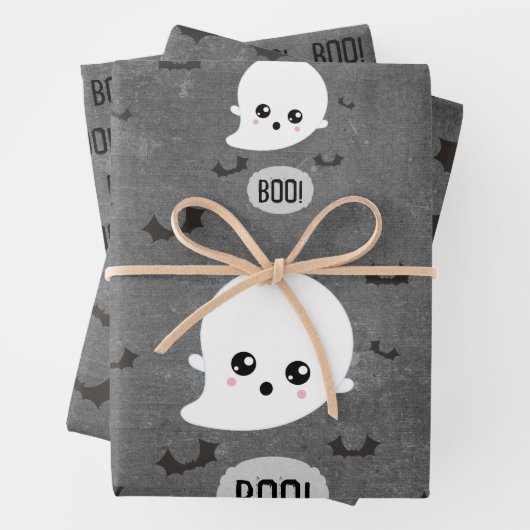 Kawaii Ghost Halloween Wrapping Paper (In situ)